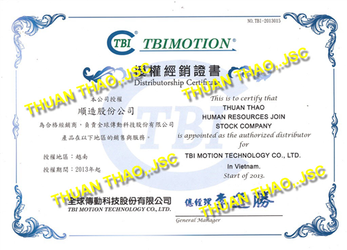 CHỨNG NHẬN ĐẠI LÝ NHÀ PHÂN PHỐI CHÍNH HÃNG TBI MOTION